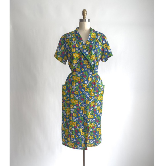strawberry‎ floral wrap dress 70s vtg blue cotton knee length dress